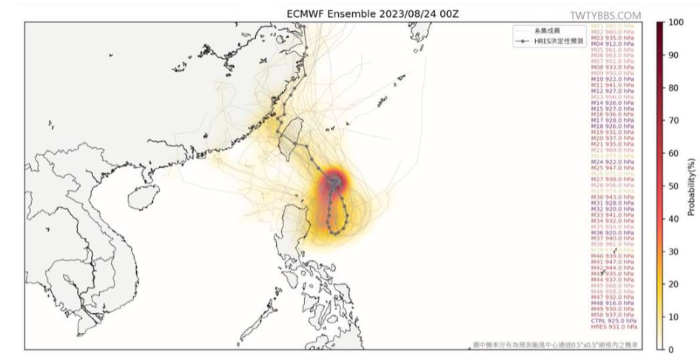 台湾台风论坛分享欧洲模式预报图，台风“苏拉”未来路径可能穿越台湾