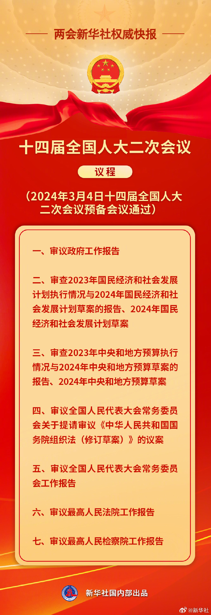 两会新华社权威快报丨十四届全国人大二次会议议程抢鲜看