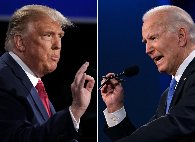 2020年10月22日，特朗普和拜登在田纳西州纳什维尔市贝尔蒙特大学举行的最后一场总统候选人辩论中 图自美国CNBC