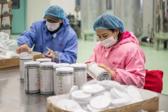 3月12日，在伊春桦肽生物药业有限公司，工作人员在包装桦树汁相关产品。新华社记者 谢剑飞 摄