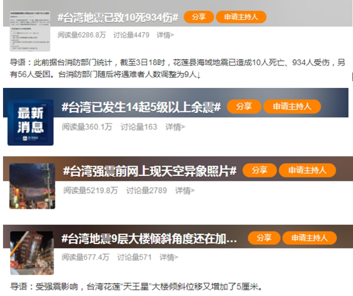 台湾地震微博热搜1