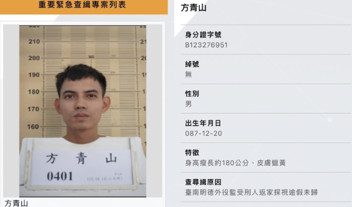 台南明德外役监受刑人逾假未归